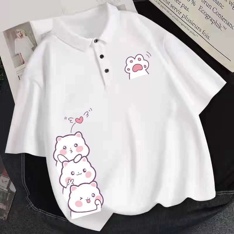 Áo Thun POLO Tay Ngắn Dáng Rộng In Họa Tiết Dễ Thương Thời Trang Mùa Hè Cho Nữ