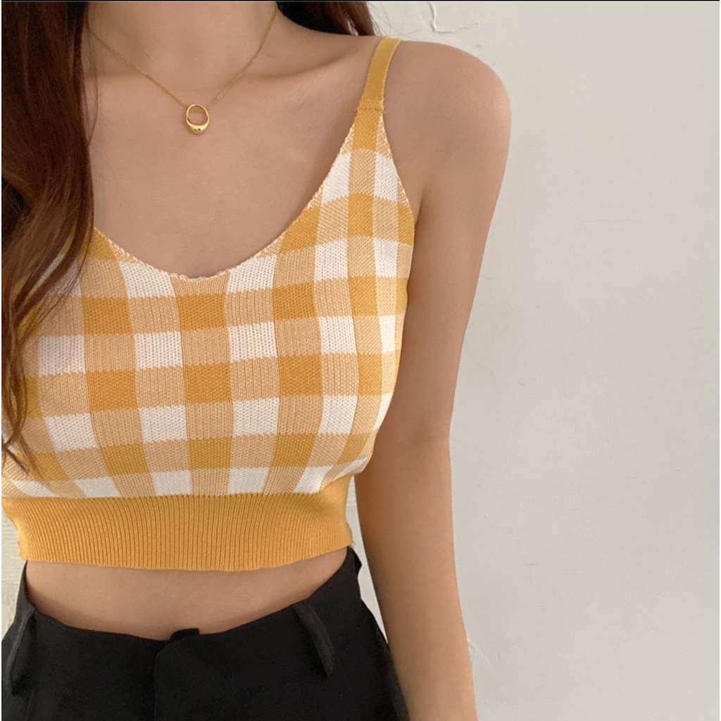 Áo hai dây len croptop caro dành cho nữ mùa hè A2S14