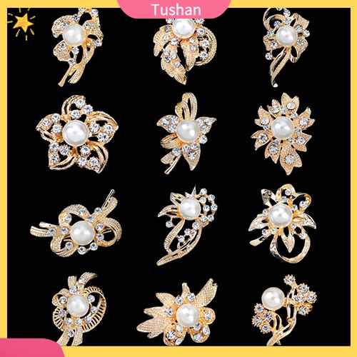 Trâm Cài Áo Hình Hoa Đính Đá &amp; Ngọc Trai Giả 12 Cái