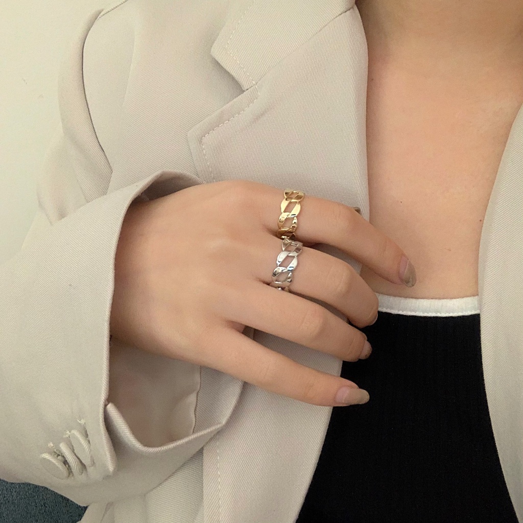 Nhẫn hở phối dây xích kim loại phong cách retro Hàn Quốc mới 2021