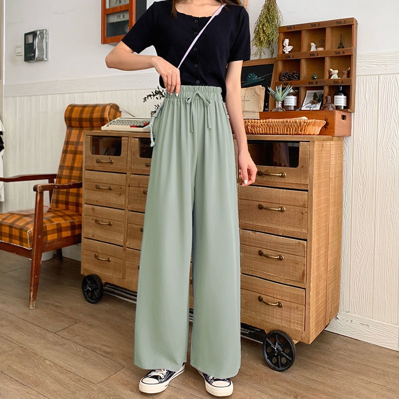 Quần Dài Ống Rộng Lưng Cao Màu Đen Thời Trang Mùa Hè Phong Cách Hàn Quốc Cho Nữ