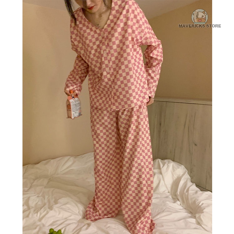 Bộ đồ ngủ pijama dài tay họa tiết kẻ caro trắng đỏ thời trang mùa thu mới thoải mái cho nữ
