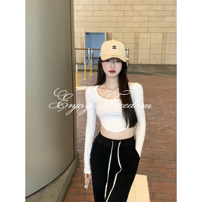 Enjoy Freedom Áo Thun Tay Dài Cổ Chữ U Thiết Kế Không Đồng Đều Thời Trang 2022 Mới Cho Nữ áo croptop