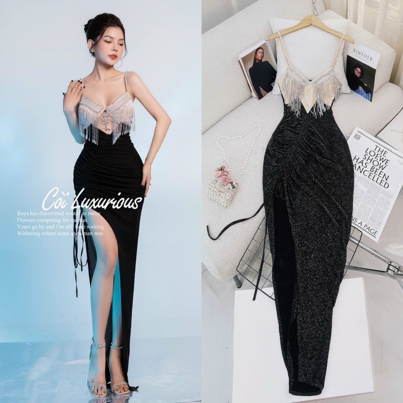 Đầm nhũ kim sa 2 dây đính cườm phối tua rua, váy dài ôm body nhún xẻ đùi sexy gợi cảm quyến rũ sang trọng dự tiệc dạ hội