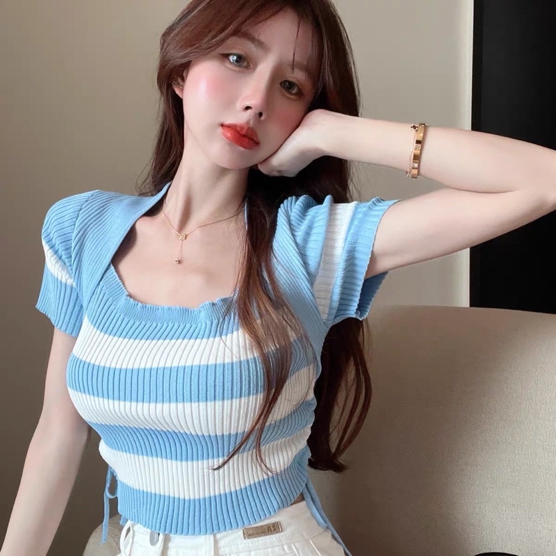 Áo Len Dệt Kim Nữ Cộc Tay cổ Vuông