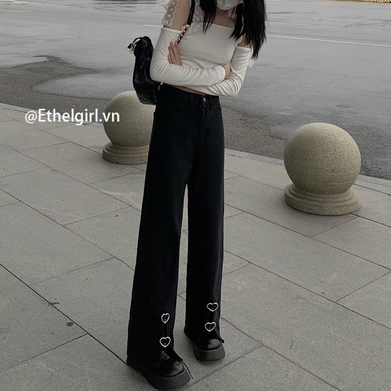 Quần jeans nữ lưng cao ống rộng xẻ tà cá tính