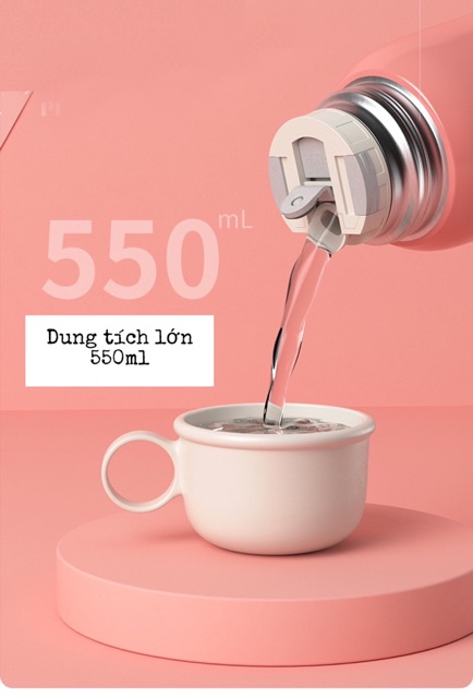 Bình uống nước giữ nhiệt cao cấp 550ml tặng kèm túi và phụ kiện ms1101692, bình đựng nước cho bé