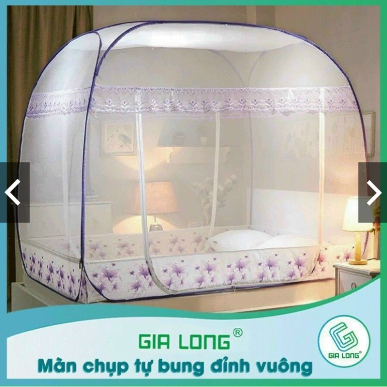 Màn chụp tự bung đỉnh vuông Gia Long - Mẫu mùng chụp tự bung có viền chân chống muỗi tuyệt đối