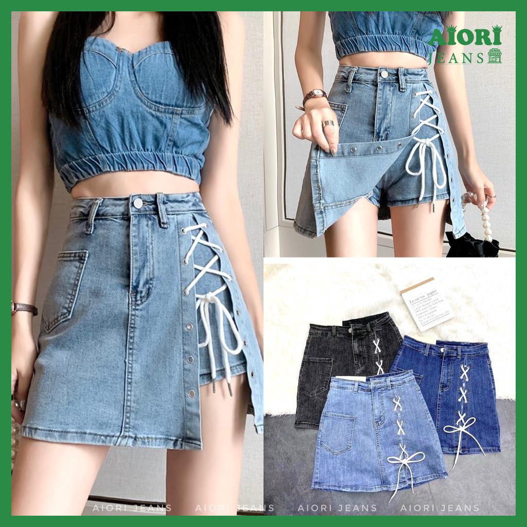 [ĐỦ 4 MÀU] Chân Váy Jean Aiori Cao Cấp Lưng Cao Chất Vải Co Giãn Có Quần Váy Buộc Chéo Dây Xinh Xắn