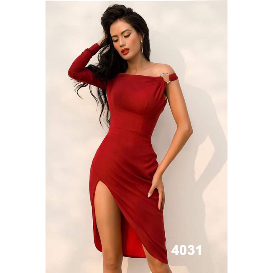 Đầm Ôm Body Đỏ Vai Ngang Tay Dài Xẻ Tà Sexy