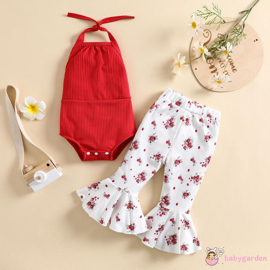 BABYGARDEN 0-3years Baby Girl Halter Tanks Tops + Flared Pants, Floral Print Wide Elastic Waist Summer Clothing Set