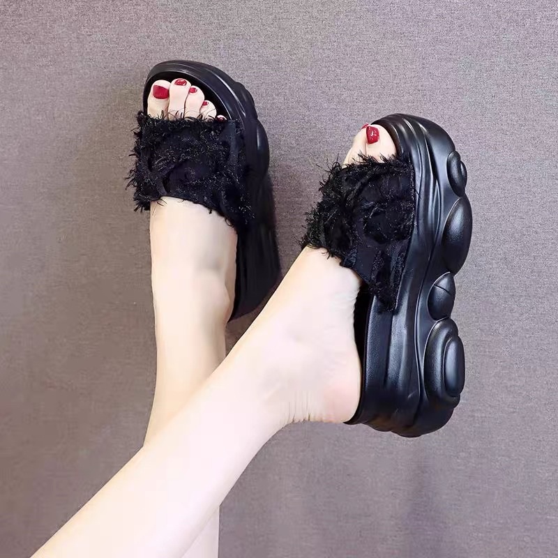 Dép bánh mỳ/ dép xuồng siêu nhẹ quai ngang tua rua cao 8,5cm