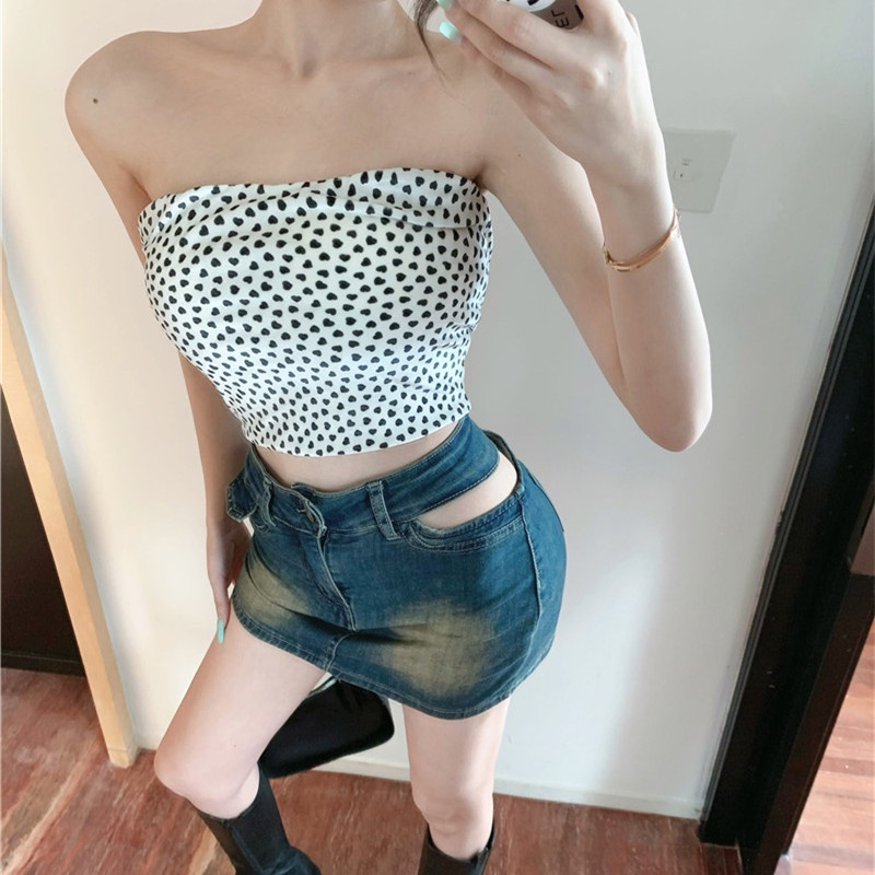 Set Áo Ống Kèm Chân Váy Denim Lưng Cao Thời Trang Dành Cho Nữ