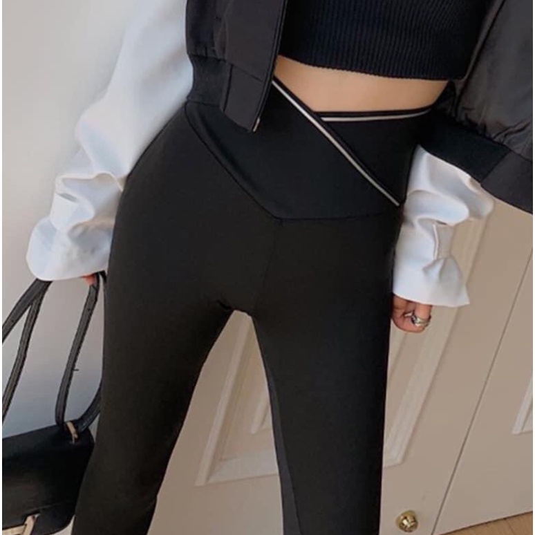 Quần legging nữ cạp cao viền sọc kẻ trắng vạt chéo gen bụng nâng mông dáng quần tregging dài ôm thun gân vải co giãn gym