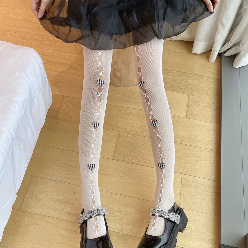 Xiangbao Quần Tất Lưới Rỗng Đính Nơ Kẻ Sọc Caro Trái Tim Khoét Rỗng Trước Ngọt Ngào Phong Cách Lolita Nhật Bản