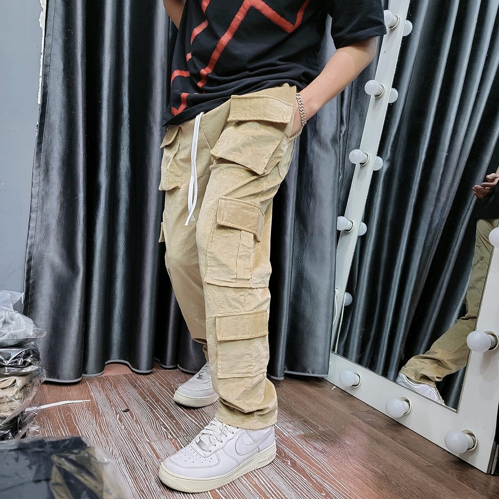 Quần Cargo Pant Túi Hộp Ống Suông Chất Liệu Nhung Tăm Màu Kem Co Giãn Nhẹ Phong Cách Streetwear