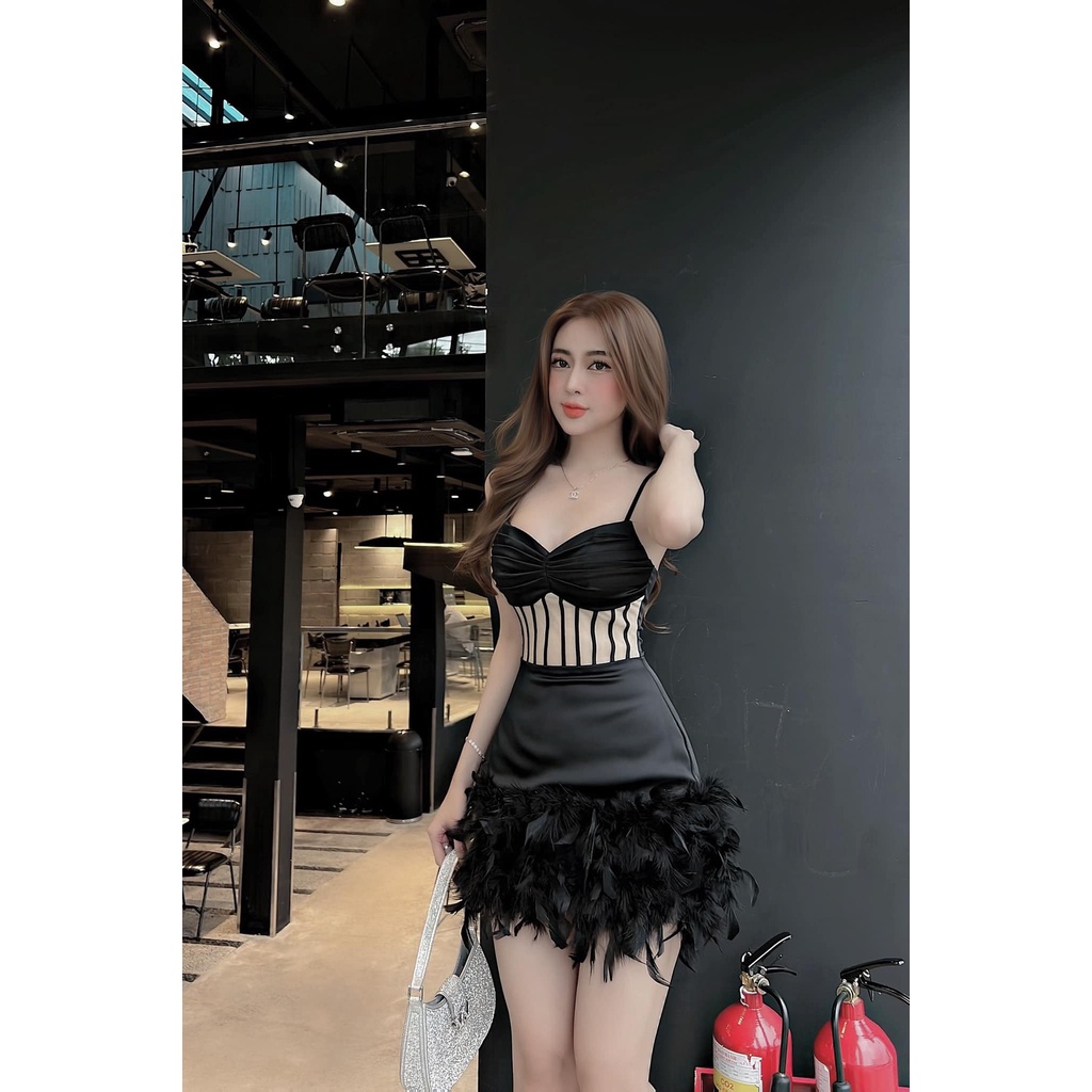 Đầm Body Dự Tiệc 2 Dây Dáng Ôm Eo Phối Lưới Tùng Kết Lông Vũ - 3 Màu Trắng, Đen, Cam - Vải Phi Hàn Châu - Mã EPH01