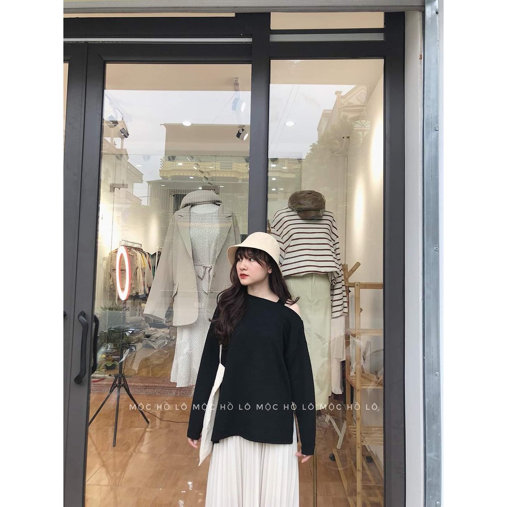 [ Mã WASTAPR giảm 10K đơn 50K] ÁO LỆCH VAI XẺ TÀ TAY DÀI TRẮNG ĐEN ULZZANG | BigBuy360 - bigbuy360.vn