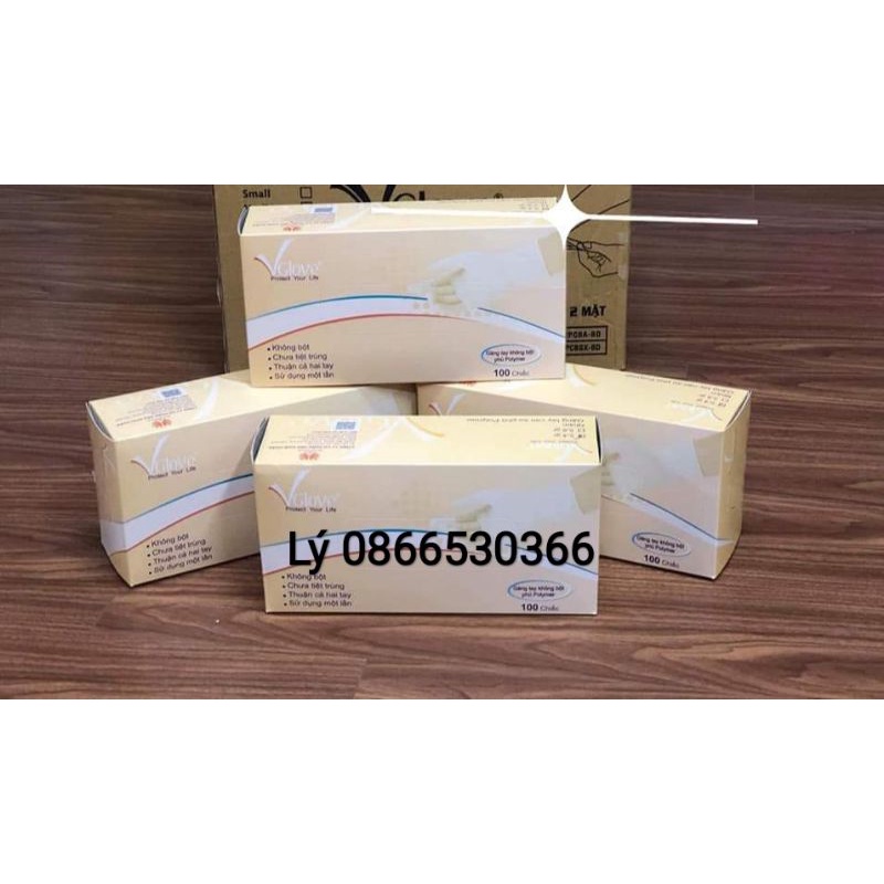 Găng tay không bột Vglove Khải Hoàn phủ polyme 5.4gr 24cm (100cái/1 hộp) size S, M