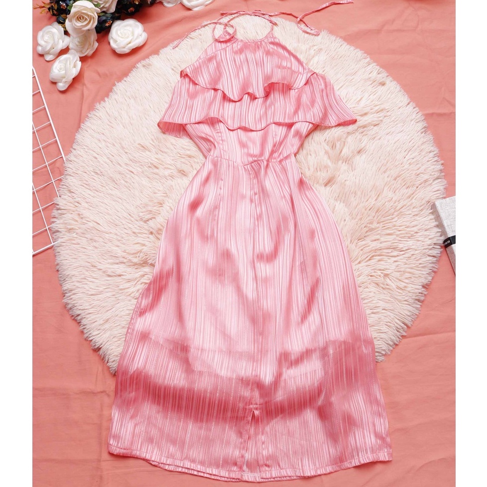 Đầm cổ yếm xinh thiết kế bánh bèo dáng dài thắt dây hở lưng lụa hồng mềm mượt thời trang cao cấp - L