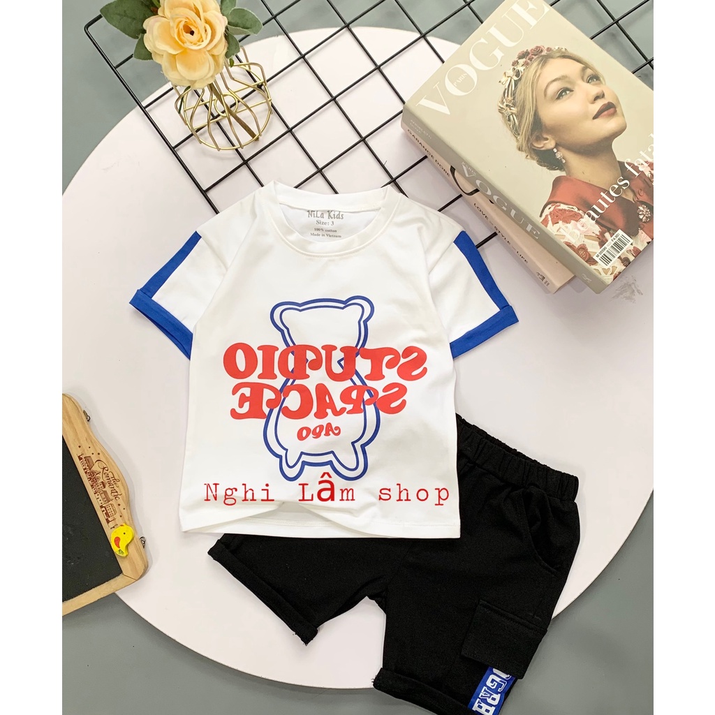 Bộ quần áo bé trai chất liệu thun cotton 100% co giản 4 chiều in hình gấu cho bé từ 10-38kg
