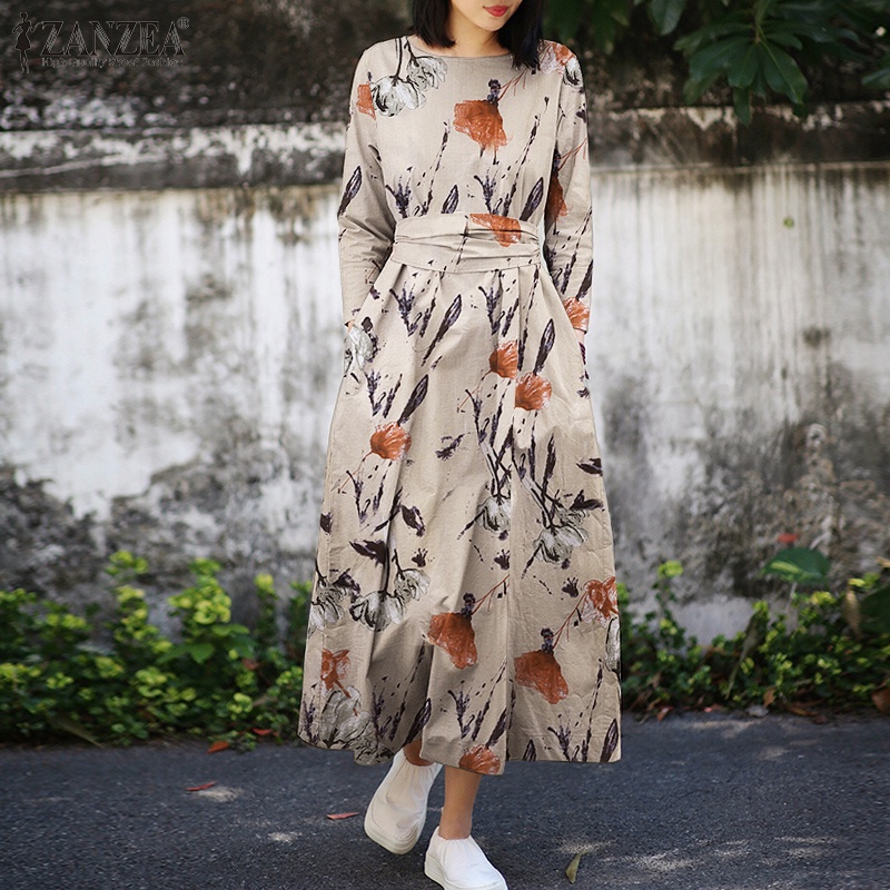 Váy ZANZEA tay dài cổ tròn buộc dây với túi bên hông in họa tiết phong cách retro sành điệu cho nữ