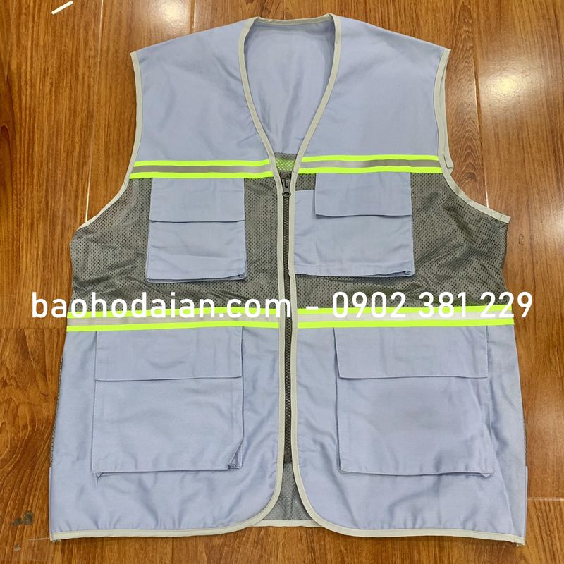 Áo ghi lê kỹ sư phản quang phối lưới màu xám môn 1 kéo 4 túi hộp