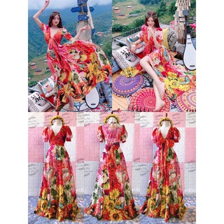 (free chỉnh sửa váy) maxi hoa đi biển du lịch đầm maxi hoa hở chân