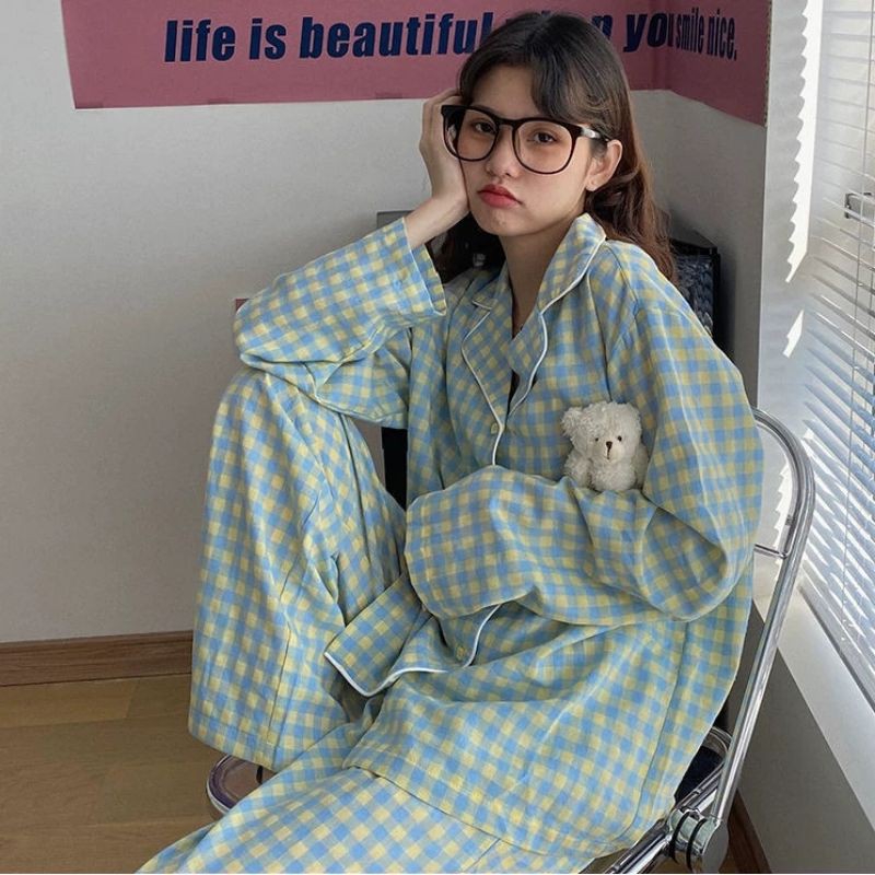 (CÓ SẴN XANH) Bộ ngủ dài tay kẻ caro (có ảnh thật)