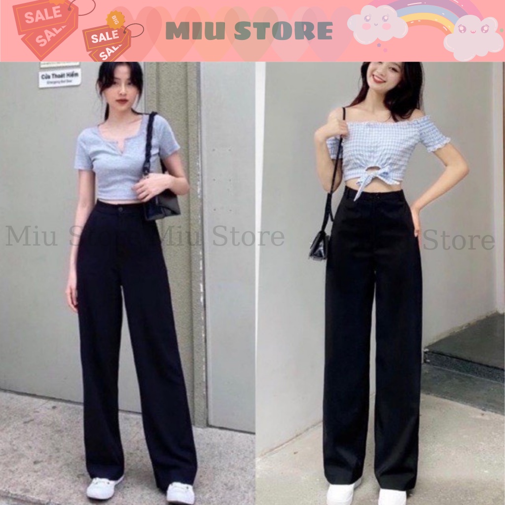 Quần tây ống rộng đi học khóa sườn nữ cạp lưng cao dáng quần vải ống rộng nữ suông dài dày đen học sinh đi học công sở
