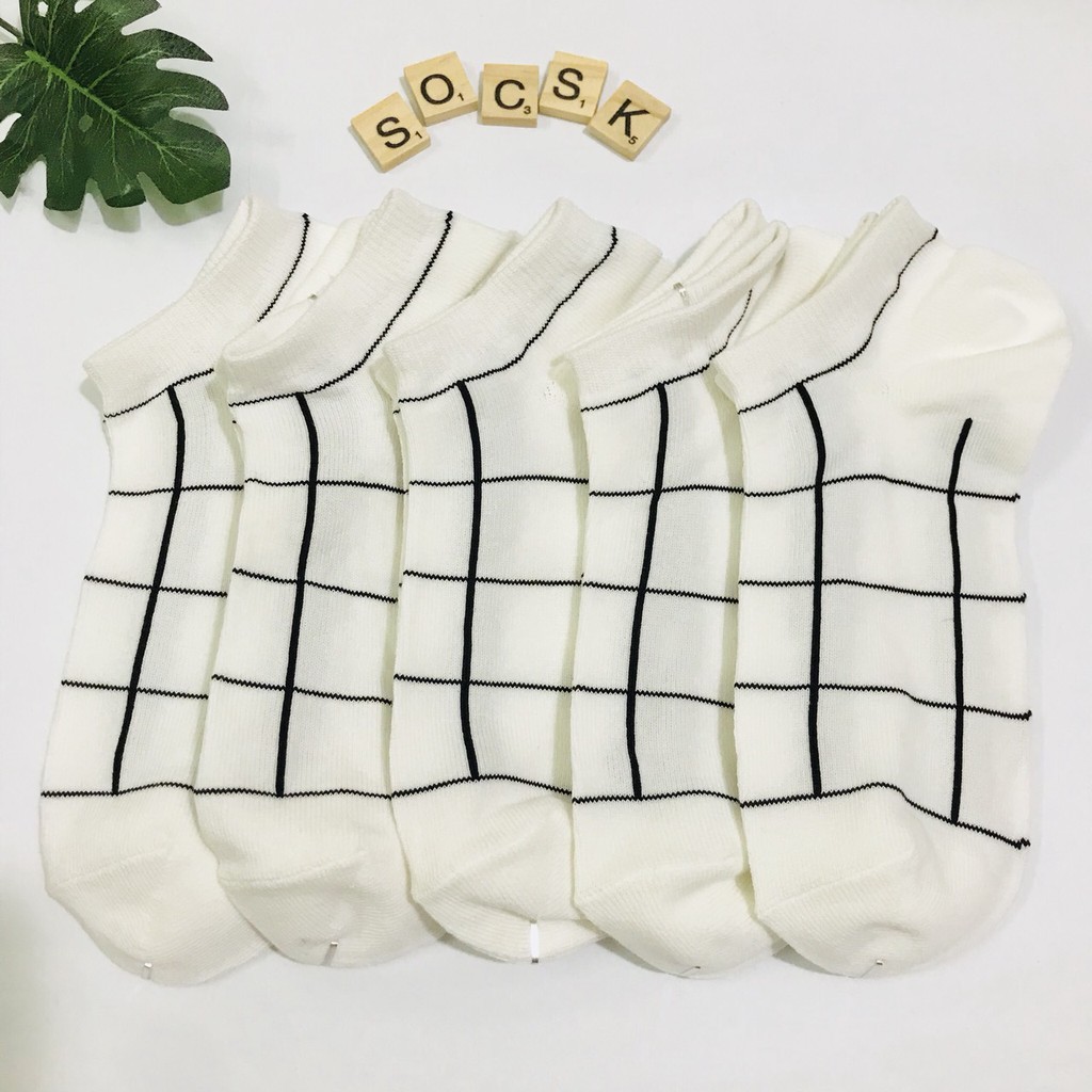 Tất vớ cổ ngắn màu trắng đen kẻ caro xuất Nhật
