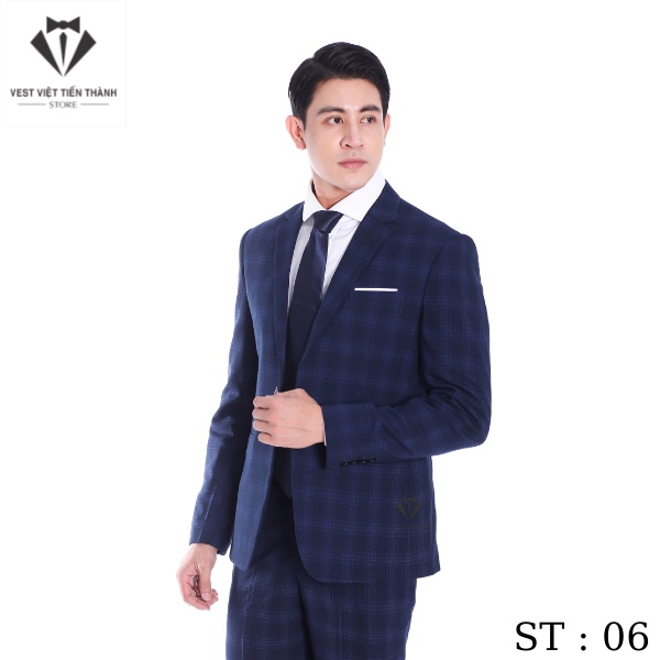 Bộ vest nam kẻ caro ghi cao cấp vest việt tiến thành
