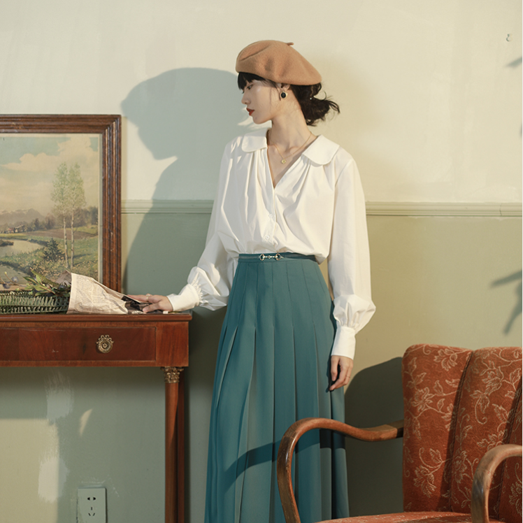 Áo Sơ Mi Tay Phồng Màu Trơn Phong Cách Retro Thanh Lịch Dành Cho Nữ