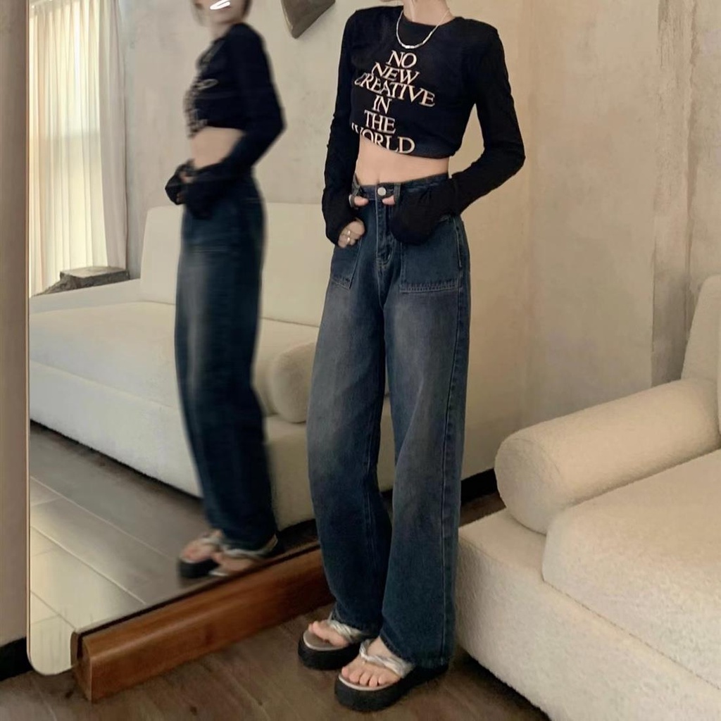 Quần Jeans Nữ Ống Rộng Lưng Cao Thời Trang Hàn Quốc