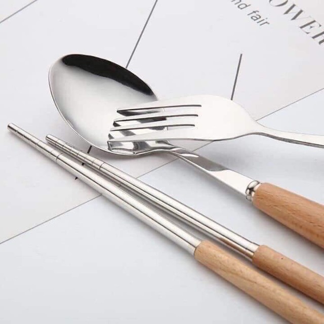 Bộ 3 thìa đũa cán gỗ hộp đựng lúa mạch tiện lợi
