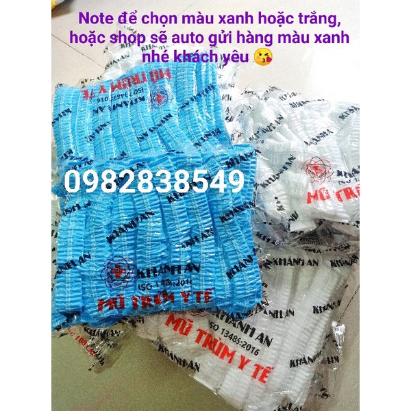 Nón trùm đầu/Mũ con sâu y tế Khánh An (bịch 100 cái màu xanh)