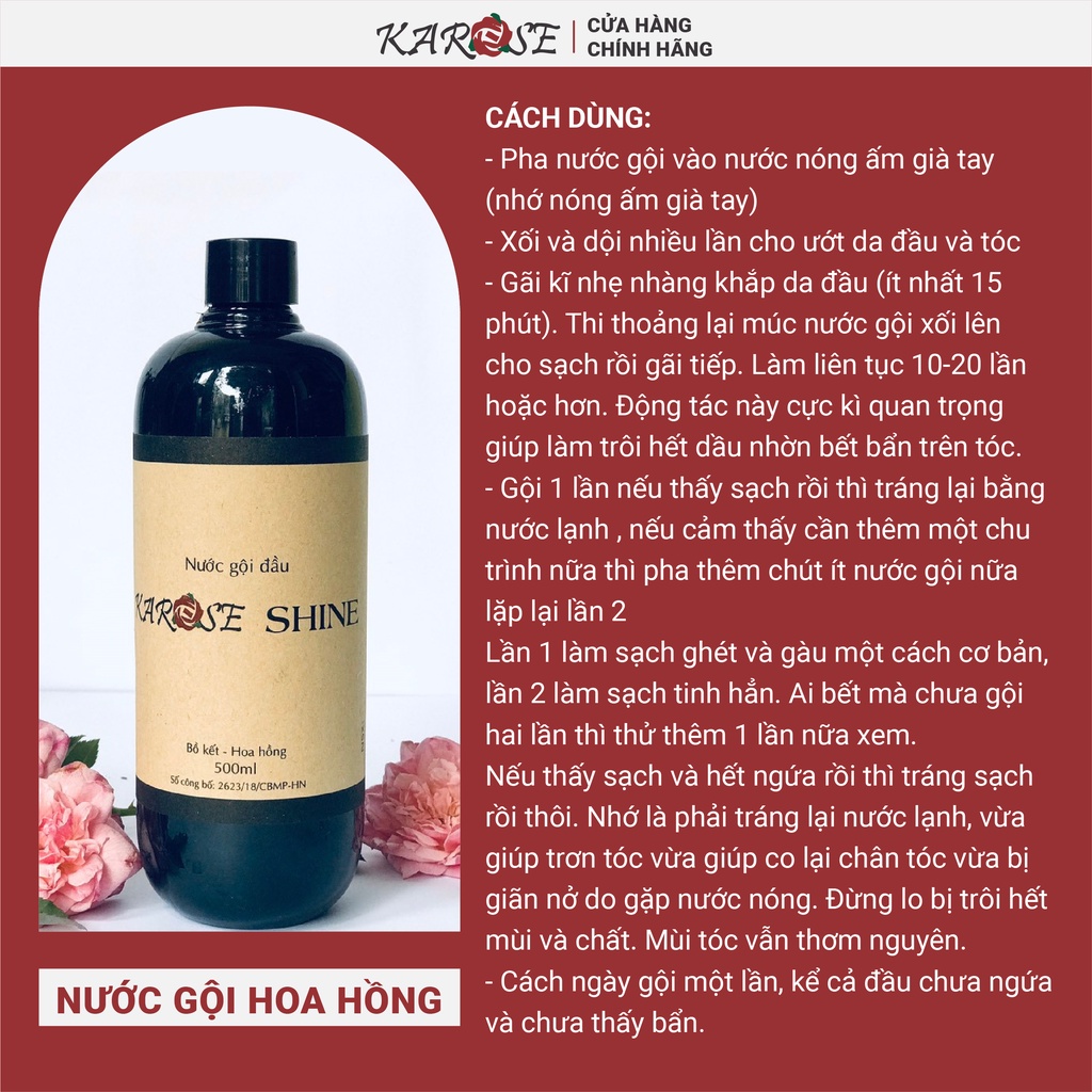 (DATE MỚI NHẤT, 500ml) KAROSE SHINE Nước Gội Hoa Hồng, Dầu Gội Bồ Kết Sạch Gàu, Ngăn Rụng Tóc, Giúp Tóc Chắc Khỏe