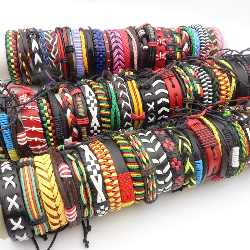 Set 10 Vòng Tay Handmade Bằng Da Màu Đen / Nâu Thời Trang Cho Nam Và Nữ