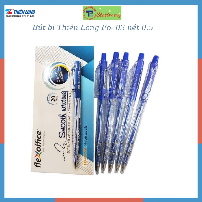 Bút bi FO03 Thiên Long, ngòi 0,5mm, viết trơn, mực đều màu xanh đen đỏ, hàng chính hãng Flexoffice- Thiên Long