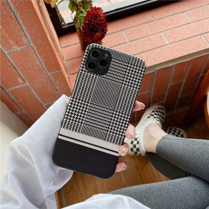 Ốp da iPhone cao cấp kẻ sọc họa tiết HOUNDSTOOTH sang chảnh Hàn Quốc.Tương thích 12 ProMax/12//11/XsMax/Xs/8plus/8/7