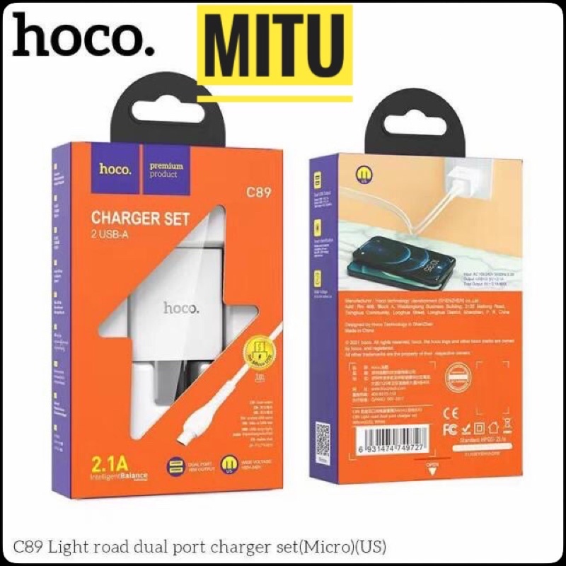 Bộ sạc cho Android Hoco C89 cổng Micro sạc nhanh 2.1A cáp dài 1M - CHÍNH HÃNG