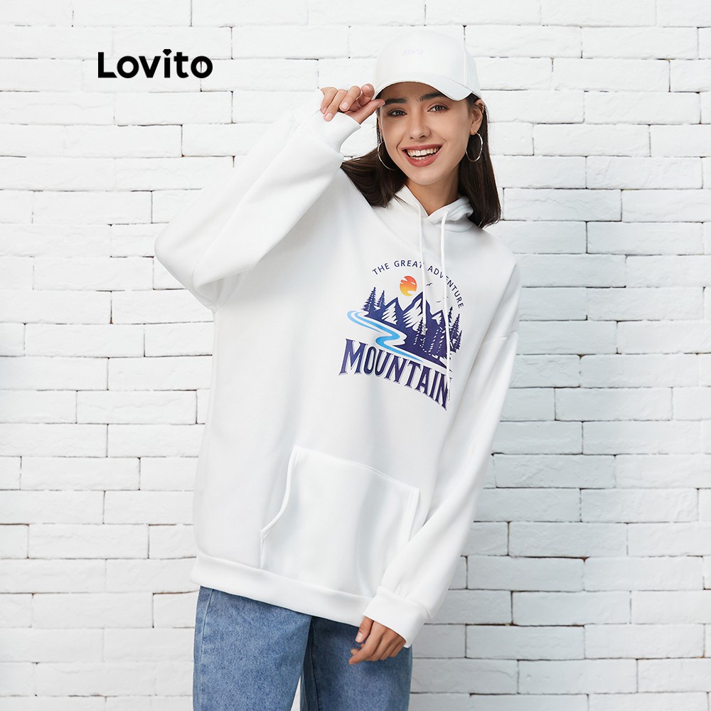 Áo sweater Lovito L07184 mũ trùm dây rút màu trắng in chữ phong cách đơn giản