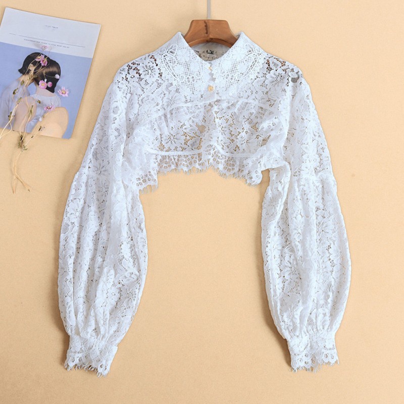 Cổ áo ren hoa tay dài bo phồng có thể tháo rời thời trang cho nữ