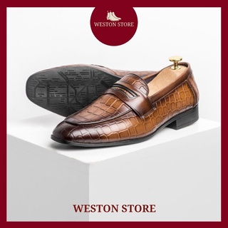 Giày lười da nam chất liệu da bò thật cao cấp màu đen bóng công sở , giày tây mọi weston 13358