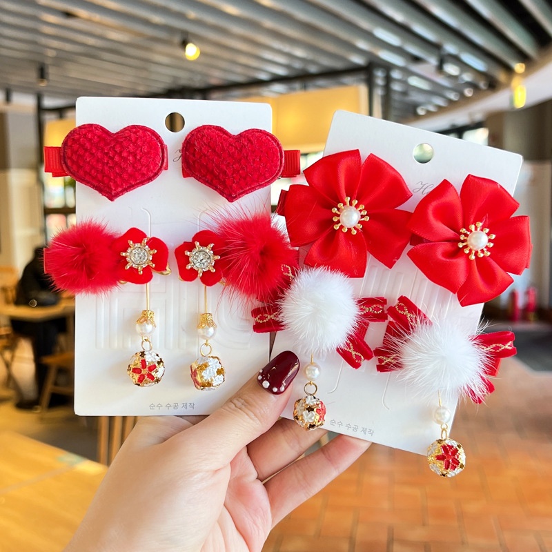 Bộ Hai Cặp Kẹp Tóc Đính Hoa Màu Đỏ Phong Cách Trung Hoa Mừng Năm Mới Cho Bé Gái