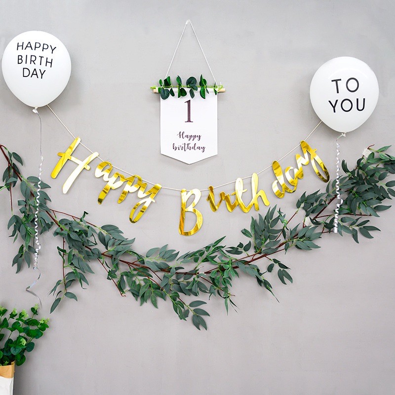 Cờ treo gồm lá + in Số và chữ happy birday chất liệu vải