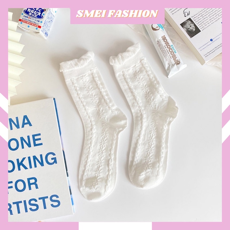 Tất Lolita cao cổ phối ren bèo màu trắng phong cách tiểu thư Hàn Quốc meimei.qc