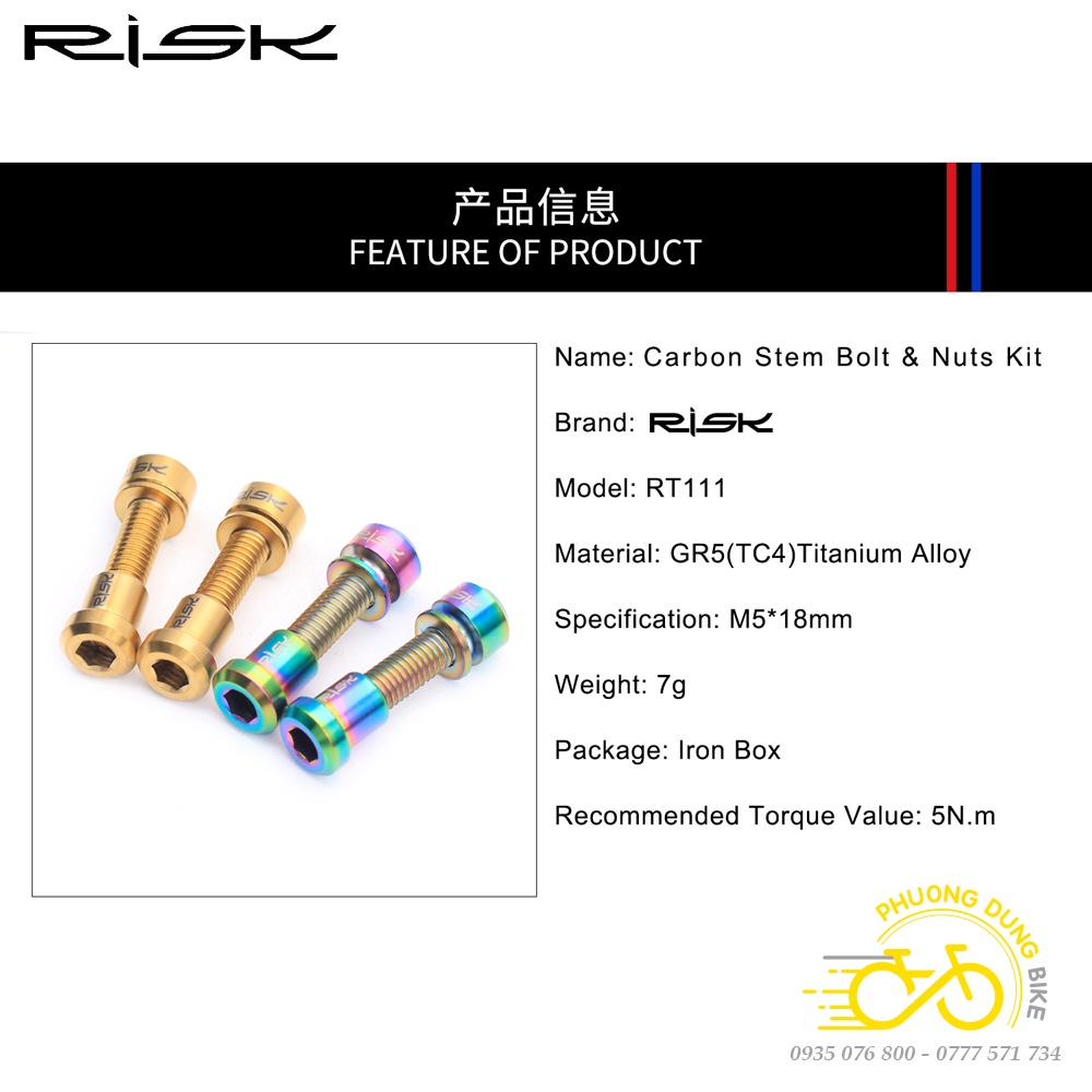 Bộ 2 Ốc vít Titanium cho pô tăng xe đạp RISK M5x18mm