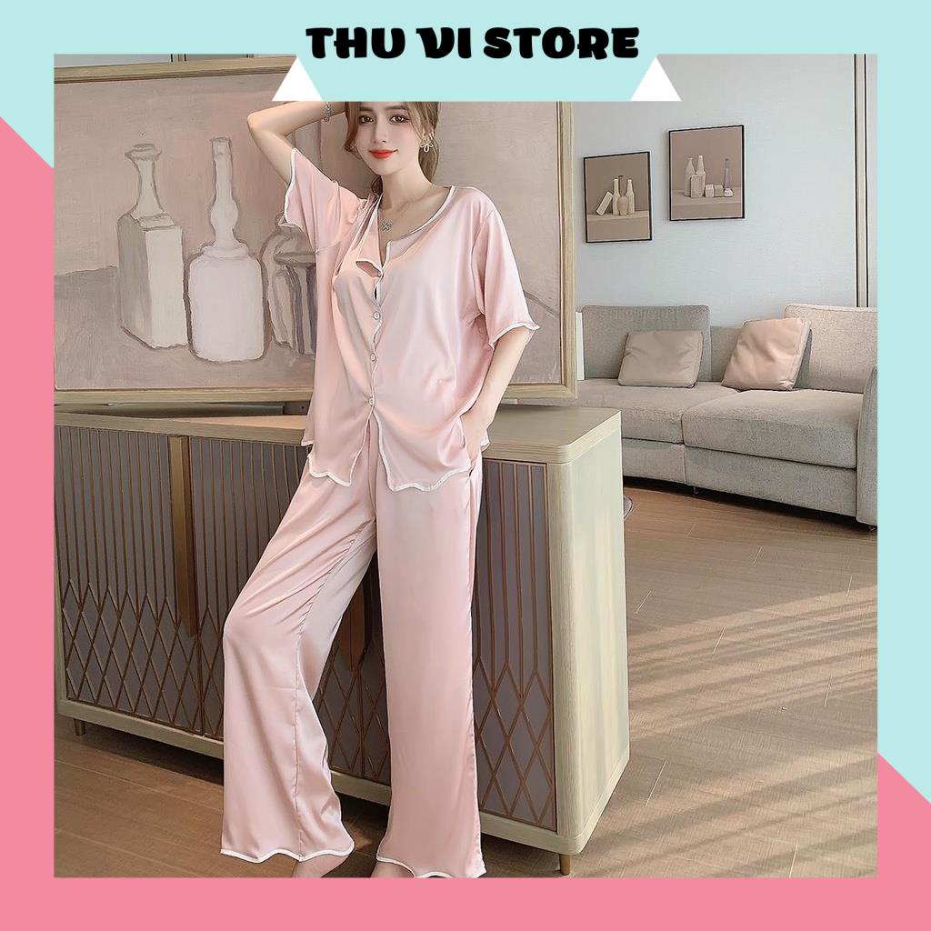 Đồ Bộ Pijama, Bộ Mặc Nhà Áo Nữ Lụa Tay Ngắn Quần Dài Cổ Lật Gợn Sóng Chất Liệu Lụa Satin Nhiều Màu, Form Rộng Rãi Thoáng | BigBuy360 - bigbuy360.vn