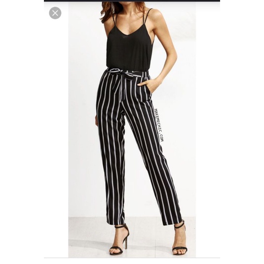 Quần baggy công sở paperbag VNXK trouser tây âu dáng dài eo cao phối nơ buộc hoạ tiết sọc trắng đen xuất khẩu dư xịn